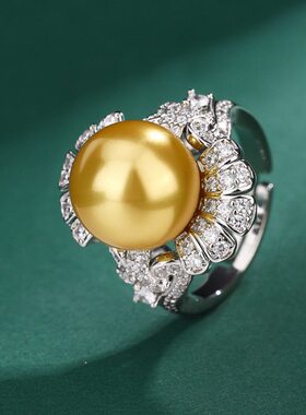 华优美首饰仿天然珍珠戒指法式花朵镶钻水晶珍珠食指戒黄贝珠戒指