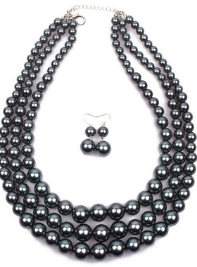 多层珍珠项链耳环连件套女时尚百搭夸张复古锁骨链礼服配饰毛衣链