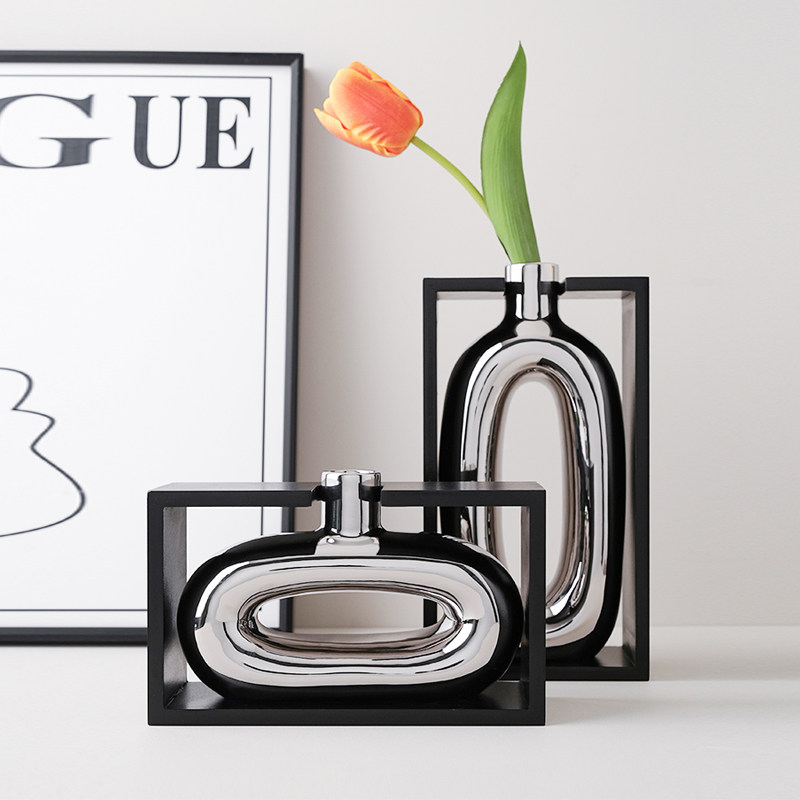 现代框体电镀银陶瓷瓶客厅餐桌面插 创意风级感,淘宝优惠券,粉丝福利购,淘宝优惠卷