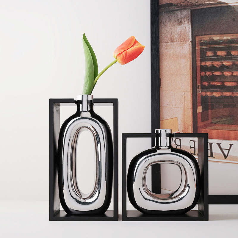 现代框体电镀银陶瓷瓶客厅餐桌面插 创意风级感,淘宝优惠券,粉丝福利购,淘宝优惠卷