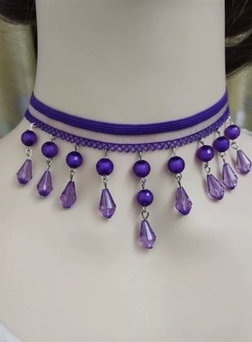 韩版项链女黑色蕾丝锁骨链脖链简约学生项圈多珠子颈链颈带饰品