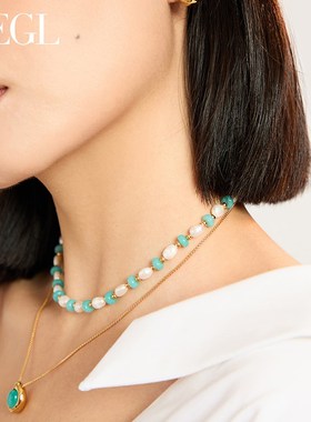 ZEGL设计师薄荷微光天然石淡水珍珠叠戴项链女款2025新款轻奢小众