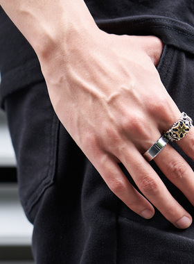 戒指男潮人钨金钢欧美简约复古学生个性刻字单身食指男生黑色指环