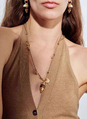 秋季新款木珠陶编绳项链轻奢小众民族风长款吊坠毛衣链级感