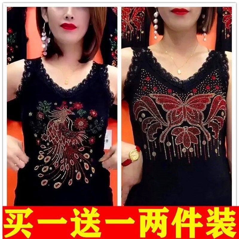 夏季高档吊带背心女彩烫钻中老年V领蕾丝拼接黑色无袖小衫妈妈装,淘宝优惠券,粉丝福利购,淘宝优惠卷