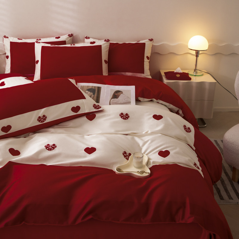 高级感结婚四件套大红婚庆床单被套全棉新婚陪V嫁喜被床上用品,淘宝优惠券,粉丝福利购,淘宝优惠卷