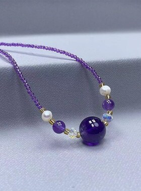 天然紫水晶手工圆珠项链本命年九紫离火紫色水晶圆珠吊坠女士项链