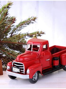 红色卡车摆件圣诞装饰礼物 圣诞摆件装饰 金属装饰复古红色卡车