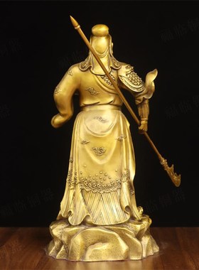 纯黄铜关公关帝神威横提刀铜像摆件立刀武财神关羽托聚宝盆神像铜