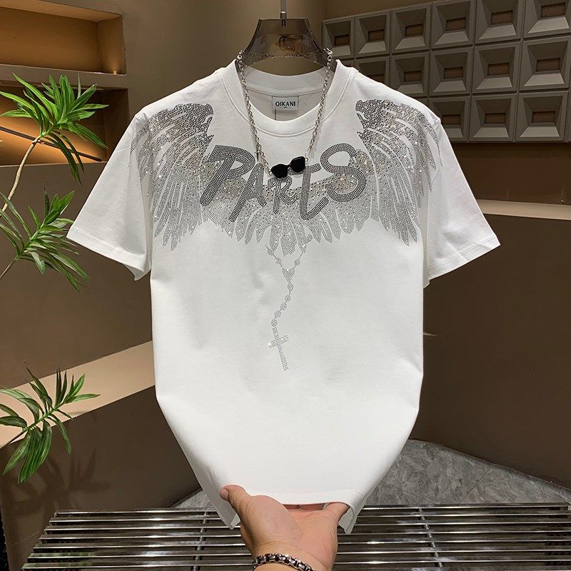 个性烫钻翅膀黑色圆领T恤男士2025夏季款休闲Q时尚宽松显瘦半截袖,淘宝优惠券,粉丝福利购,淘宝优惠卷