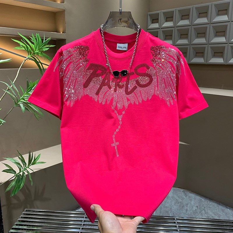 个性烫钻翅膀黑色圆领T恤男士2025夏季款休闲Q时尚宽松显瘦半截袖,淘宝优惠券,粉丝福利购,淘宝优惠卷