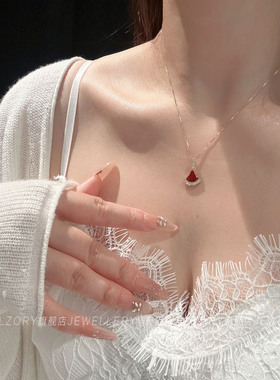 官方纯银红玛瑙扇形小裙子项链女
