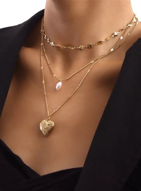 Sky星辰家新世纪风格老心开顶项链多层女士复古三层项链