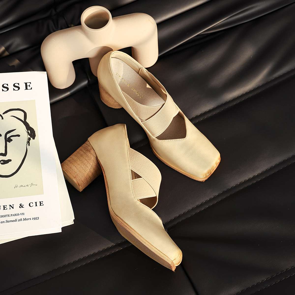 7公分芭蕾舞鞋高跟真皮单鞋复古法式猪鼻子粗跟交叉带玛丽珍鞋女 - 图2