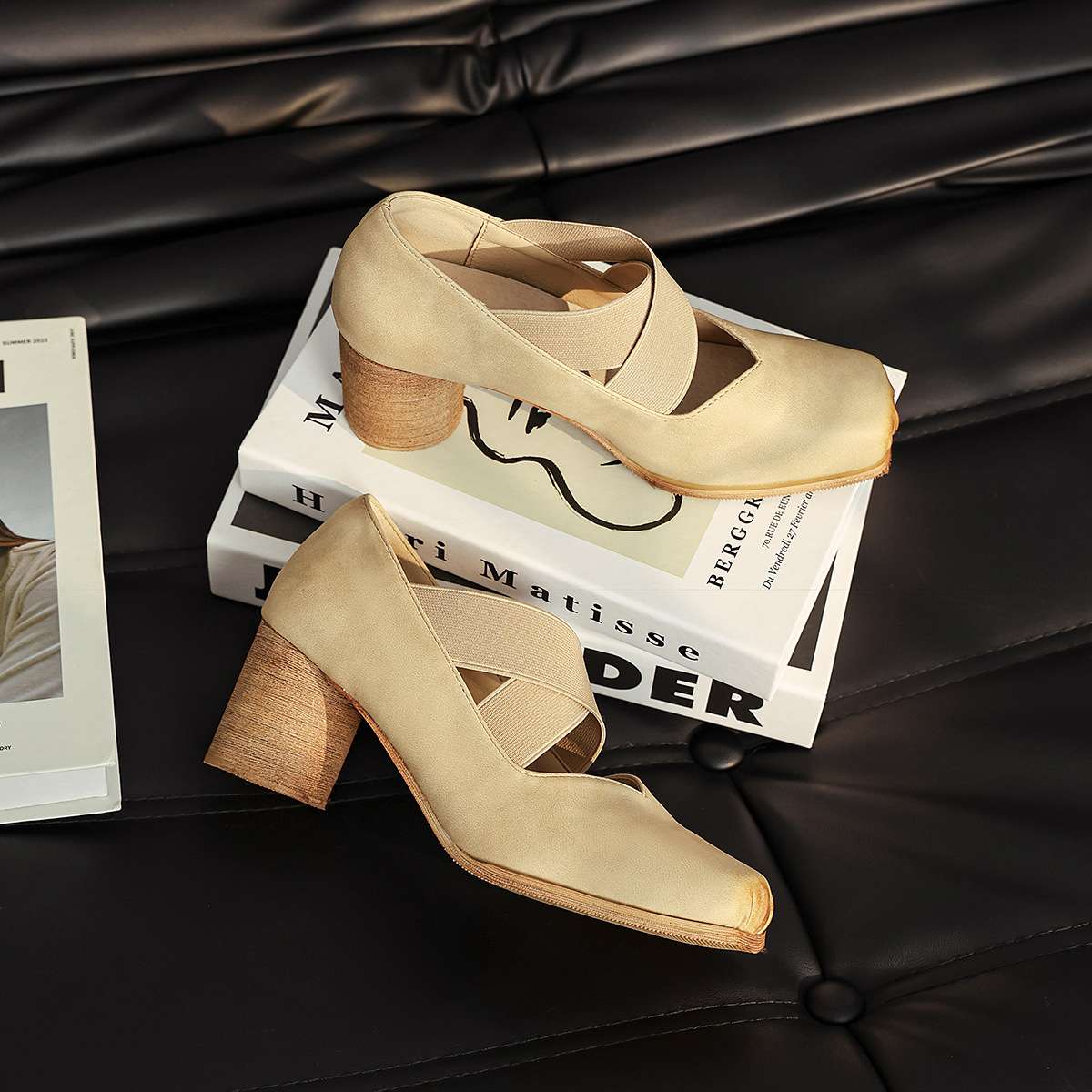 7公分芭蕾舞鞋高跟真皮单鞋复古法式猪鼻子粗跟交叉带玛丽珍鞋女 - 图0