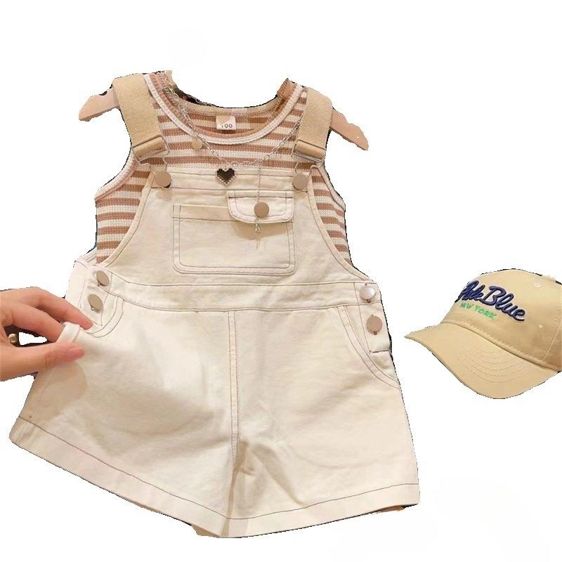 2025韩版女童口袋刺绣套装夏季新款字母条纹打底背带裤背心两件套,淘宝优惠券,粉丝福利购,淘宝优惠卷