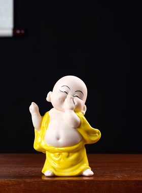 精品陶瓷弥勒创意摆件禅意小和尚茶桌面茶道装饰园艺W花盆造景饰