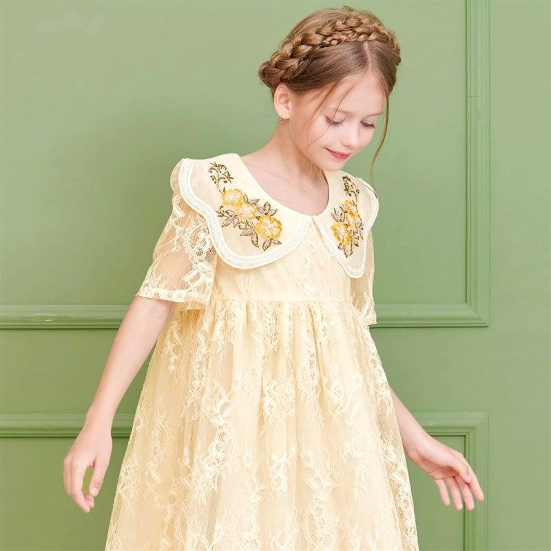 童装女童新款夏装蕾丝重工钉珠串珠绣花领短袖连衣裙甜美宽松,淘宝优惠券,粉丝福利购,淘宝优惠卷