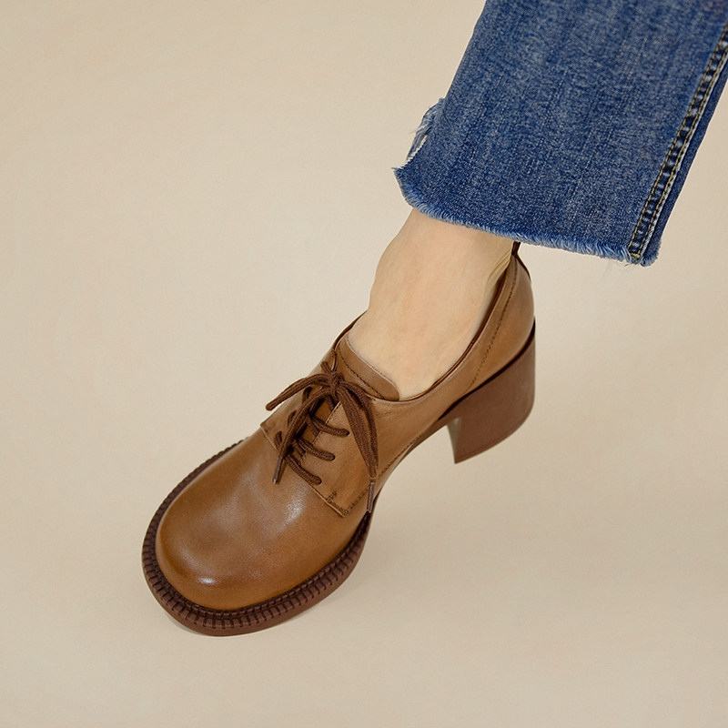 空欢喜2022春季新款复古棕色绑带高跟单鞋女深口粗跟真皮圆头女鞋,淘宝优惠券,粉丝福利购,淘宝优惠卷
