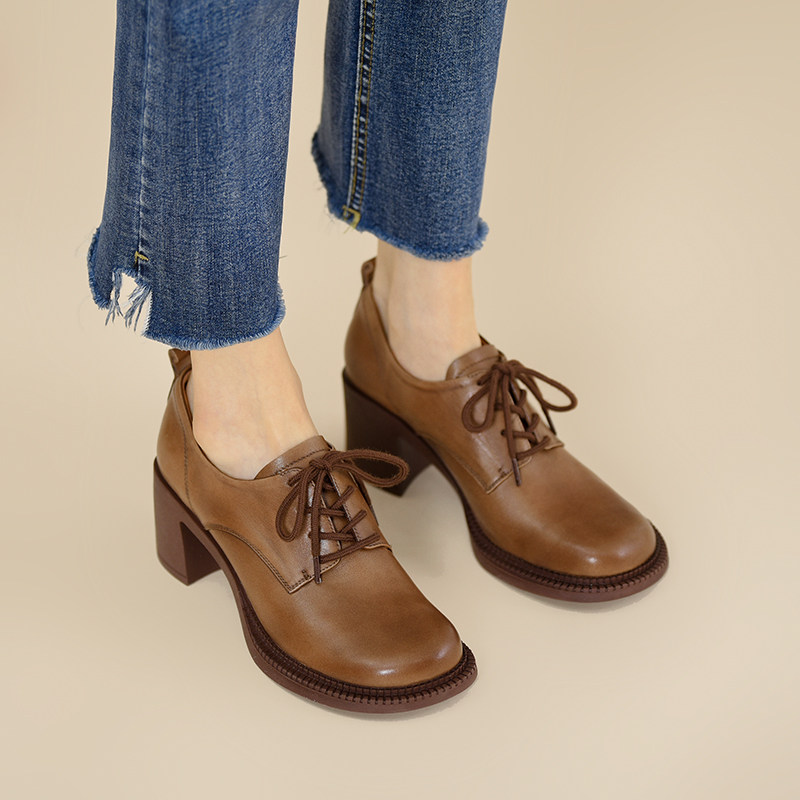 空欢喜2022春季新款复古棕色绑带高跟单鞋女深口粗跟真皮圆头女鞋,淘宝优惠券,粉丝福利购,淘宝优惠卷