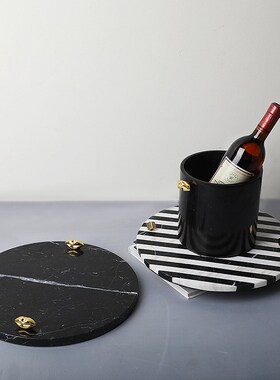 大理石水果托盘圆形黑白条纹加铝合金装饰软装家居托盘摆件