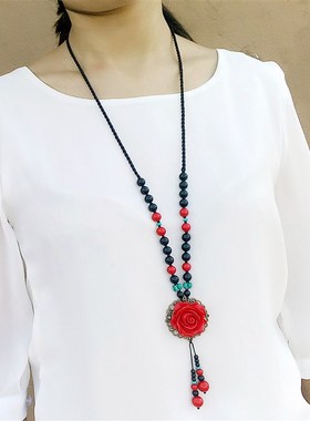 民族风花朵毛衣链挂件项链红色简约吊坠汉服复古装配饰品百搭长款