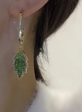 超闪一夜暴富耳环女甜美小众显瘦绿水晶树叶不对称流苏耳坠耳饰品