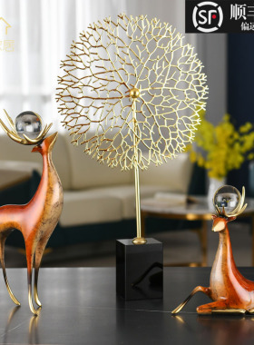 新中式纯铜招财鹿现代客厅入户玄关摆件电视柜办公室隔断柜礼物