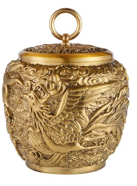 纯黄铜龙b凤铜罐密封茶叶罐大号商务礼品办公室茶仓摆件工艺品
