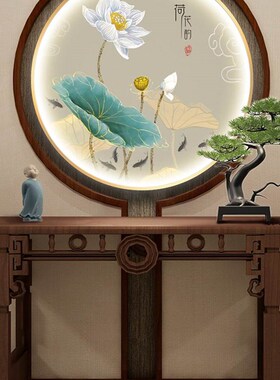 新荷带灯饰画入户玄关背景墙圆形挂画灯发光壁画