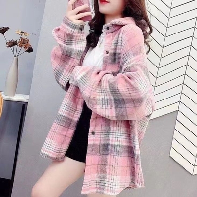 中长款格子衬衫女春秋韩版宽松大码复古薄款外套女百搭长袖衬衣女