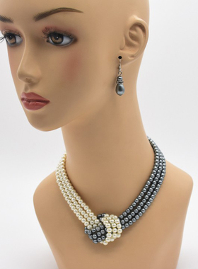 时尚百搭珍珠打结锁骨项链女人造珍珠多层颈链黑白串珠首饰配饰