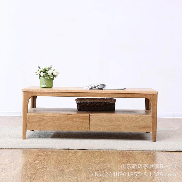 创意带抽屉欧式原木茶几双层客厅简易纯橡木茶水桌1.2米实木桌子 - 图0