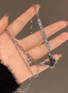 黑色锆石蝴蝶项链女秋冬甜酷卫衣链气质小众毛衣链轻奢锁骨链配饰