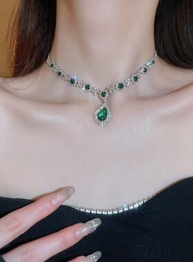 祖母绿复古镶钻水滴耳钉项链晚礼服套装颈链配饰女级感轻奢项饰