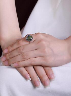 纯银镶青玉景泰蓝花型戒指和田玉圆形蛋面开口指环女气质手饰