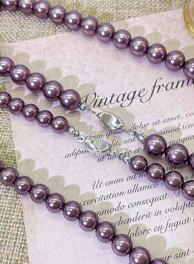 跨境紫色水晶珍珠项链女级感正圆强光锁骨链饰品