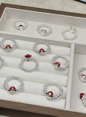 小财神戒指指环 小众设计银珠新年彩色滴胶财神弹力戒指