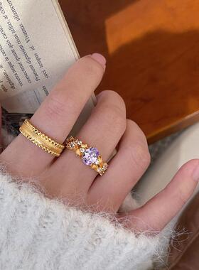 新款复古宫廷风花朵超闪紫色锆石戒指女轻奢中古拉丝镀金开口指环