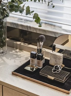 现代轻奢金色银色不锈钢边框展示盘摆件样板间梳妆台饰品陈列托盘