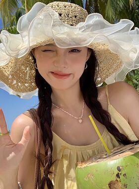 法式蕾丝草帽蝴蝶结夏季太阳帽帽檐海边遮阳沙滩防晒度假太阳帽子