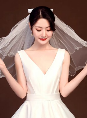 头纱领证登记拍照节日装饰头纱元旦表演蝴蝶结双层头纱一