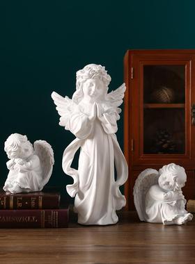 欧式复古天使摆件美式树脂石膏雕像雕塑小天使女孩桌面装饰品道具