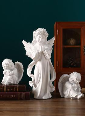 欧式复古天使摆件美式树脂石膏雕像雕塑小天使女孩桌面装饰品道具
