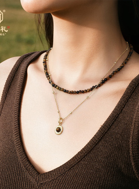 宫中礼美拉德虎眼石项链女双层叠戴锁骨链小众设计感高级感毛衣链
