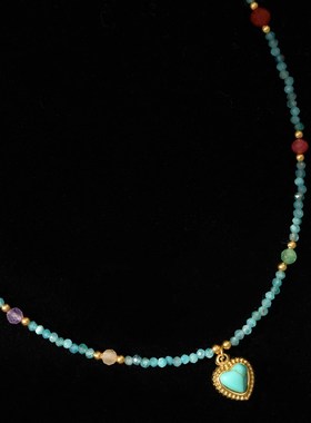 因缺斯汀【蓝色爱心】显白绿松石串珠项链复古锁骨链女小众百搭