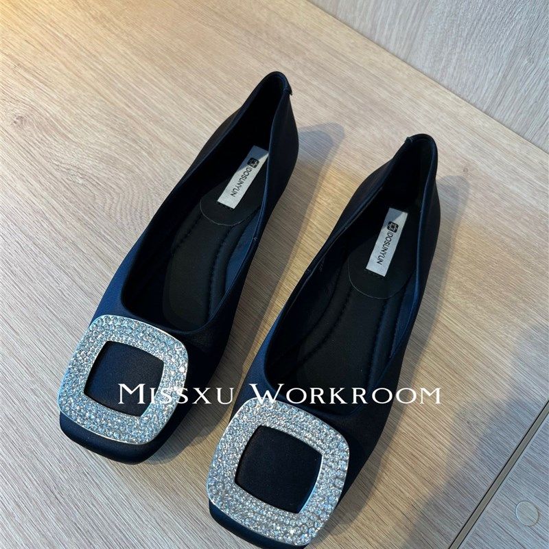 方头浅口气质单鞋绸缎面2023年春款通勤女鞋设计感小众Z软底平底,淘宝优惠券,粉丝福利购,淘宝优惠卷