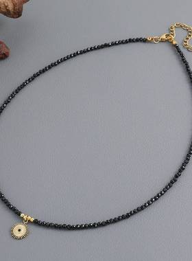 欧美跨境黑尖晶手工串珠项链小众高级感不锈钢吊坠百搭气质锁骨链