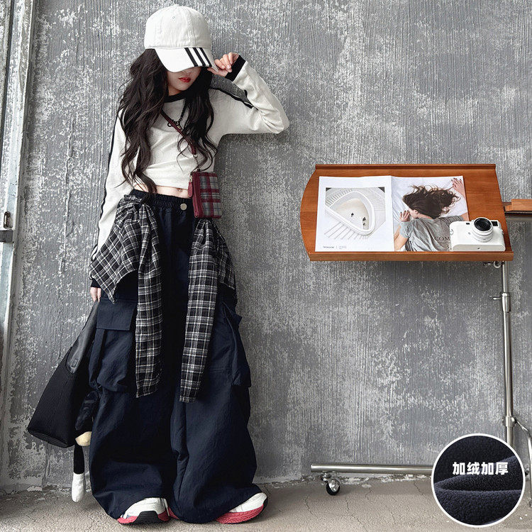 女童工装裤加绒加厚秋冬装2025新款儿童阔腿裤中大童女孩直筒裤子,淘宝优惠券,粉丝福利购,淘宝优惠卷