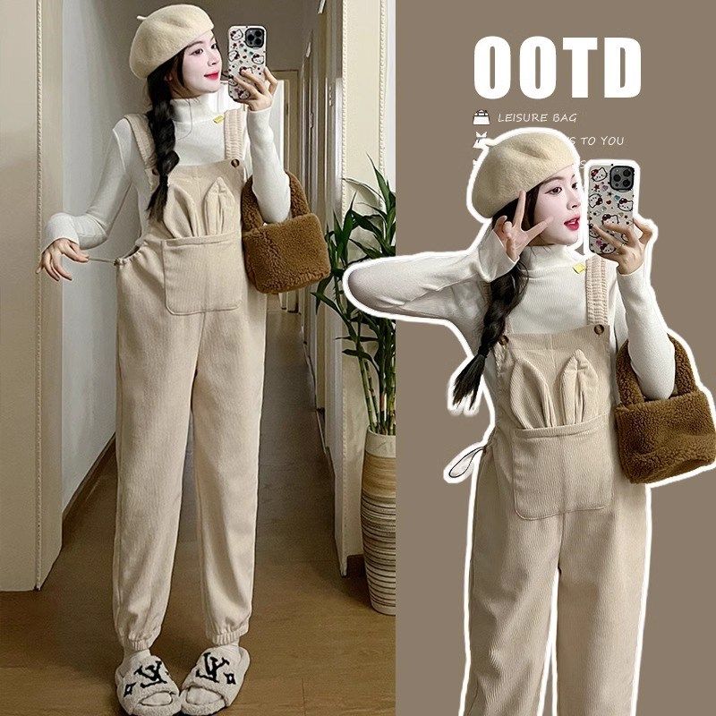 孕妇装银狐绒背带裤套装2024秋冬新款加绒加厚休闲宽松长裤两件套,淘宝优惠券,粉丝福利购,淘宝优惠卷